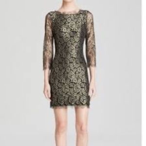 DVF Black & Gold Zarita Lace 2/3 Sleeve Dress